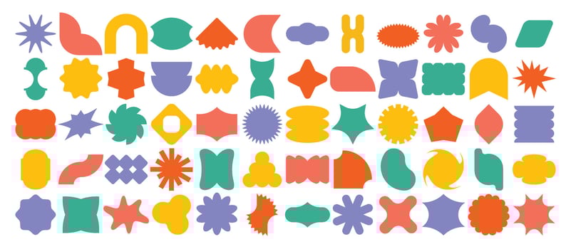 Abstract sticker shapes. Minimalist starburst badge, funky geometric and organic label forms and trendy patch shape frames. Retro pop art badges design elements set vector