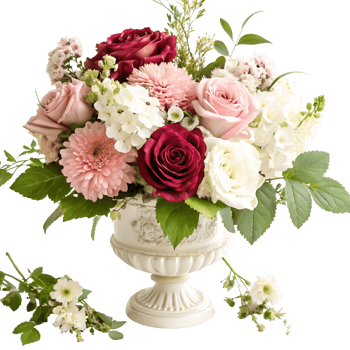 Elegant Pink and Burgundy Rose Bouquet in Vintage Urn, Wedding Flower Arrangement png