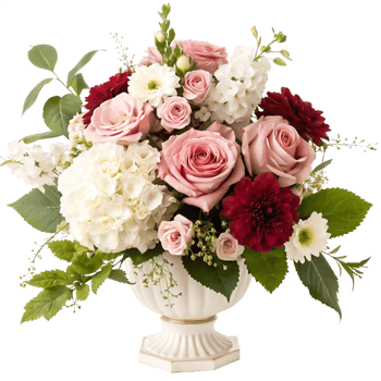 Elegant Pink and Burgundy Rose Flower Arrangement in Urn Vase png