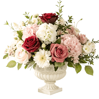 Elegant Rose and Hydrangea Flower Arrangement in Urn Vase - Wedding Bouquet png