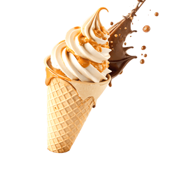 Delicious Caramel and Chocolate Ice Cream Cone with Dripping Sauce Splash png