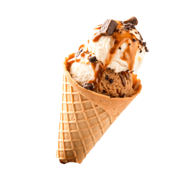 Delicious Caramel Ice Cream Cone with Chocolate Topping Isolated on White png