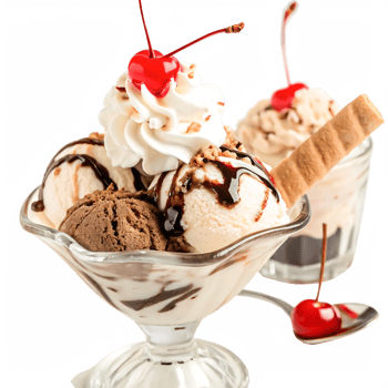 Delicious Sundae with Chocolate Ice Cream, Whipped Cream, and Cherries png