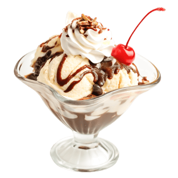Delicious Vanilla Ice Cream Sundae with Chocolate Sauce, Whipped Cream, and Cherry png