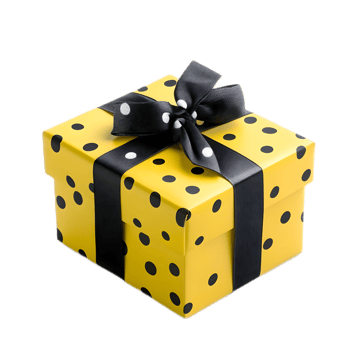 Elegantly Wrapped Polka Dot Gift Box with Black Ribbon Bow png