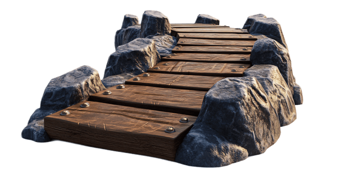 Wooden Plank Pathway Crossing Rocky Landscape for Tranquil Outdoor Journey png