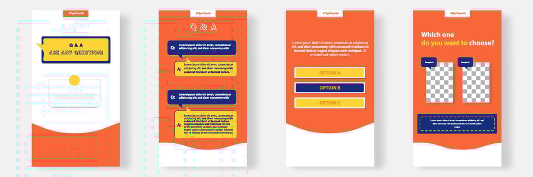Social media faq, question, answer stories banner layout template with geometric shape background and bubble message design element in orange yellow white color vector