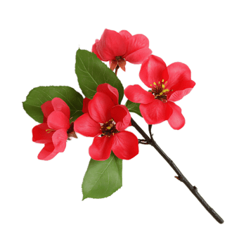 Vibrant Red Flowering Spring Blooms on Green Leaves and Branches png