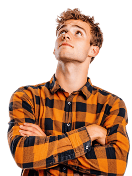 Young Man with Curly Hair Looking Up in Thoughtful Contemplation png