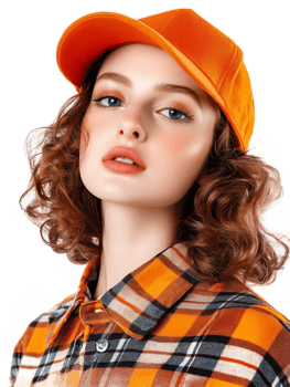 Vibrant Portrait of Confident Woman in Orange Hat and Plaid Shirt png