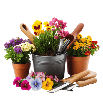 Gardening tools and colorful flowers in pots on a bright white background, Garden steel tools and flowers in pots, white background png