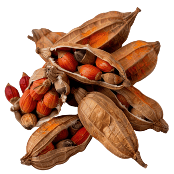 Close-Up of Colorful Seeds Inside Dry, Open Pods on a White Background Ideal for Nature and Botany Illustrations png