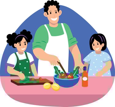 A flat style illustration of a family cooking in the kitchen vector