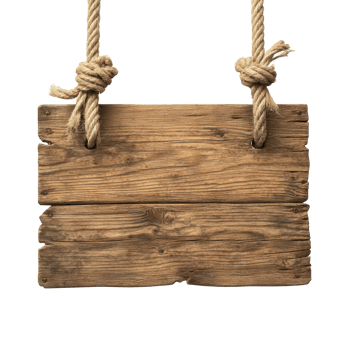 Rustic wooden sign with ropes hanging, ideal for decoration or advertising in outdoor settings, Wooden sign with ropes isolated on Transparent background png