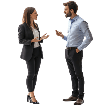 Businessman and businesswoman engage in conversation in a professional setting, Businessman and Businesswoman Talking isolated on white background png