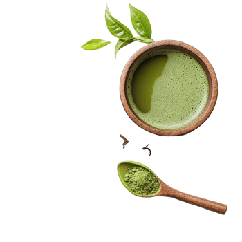 Matcha green tea in a wooden bowl with tea leaves on a Transparent background, Matcha green tea in wood bowl tea leaves on background png