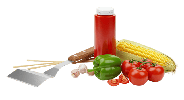 Fresh vegetables, ketchup, and spatula on transparent background png
