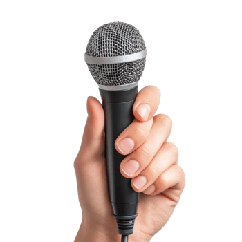Hand holding a microphone ready for singing or public speaking in a bright setting, Hand Holding Microphone for Singing or Public Speaking on white background png