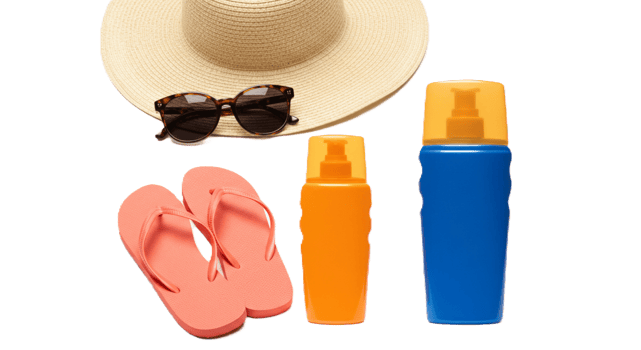 Summer accessories with hat, sunglasses, and flip-flops on transparent background png