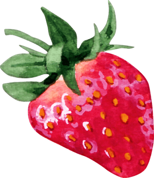A watercolor illustration of a ripe strawberry with vibrant red hues green leaves and golden seeds png