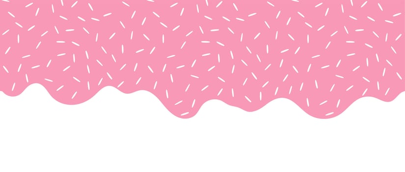 Simple Sprinkle pattern. Pink liquid with sugar sprinkles dripping on white background. Glaze for donut, ice cream or muffins with falling decorative candies. Illustration vector