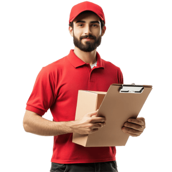 Delivery man holding a box and clipboard while wearing a red uniform on a Transparent background, Delivery man with box and clipboard isolated on background png