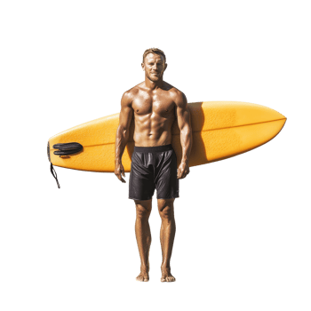 Surfer holds bright yellow surfboard while standing confidently against a clean Transparent background, Surfer holding a surfboard isolated in background png