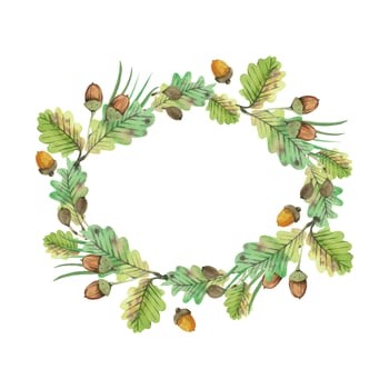 Oval wreath of oak leaves and ripe acorns of brown color, pine needles, all objects are hand painted with watercolors. Watercolor illustration. For printing on fabric, paper, for stationery design vector