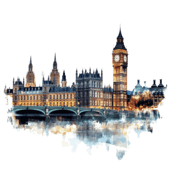 Iconic view of Big Ben and the Houses of Parliament along the River Thames during a sunny day in London, The iconic Big Ben and the Houses Parliament in London, Transparent background png
