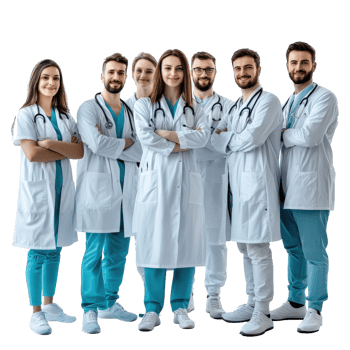 Confident medical team standing together in hospital setting with smiles and professionalism, Confident Medical team at hospital isolated on white png
