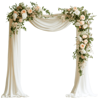 Elegant wedding arch adorned with spring flowers and flowing white drapery for romantic ceremonies, Draped wedding arch with spring flowers and white fabric isolated on Transparent background png