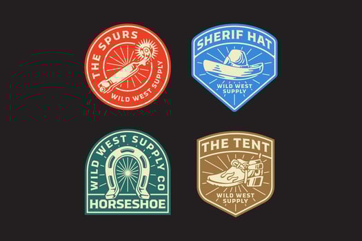 old cowboy boots, western hats, horse riding spurs, horseshoe retro badge logo design collection set for western, howdy, wild west, rodeo, adventure vector