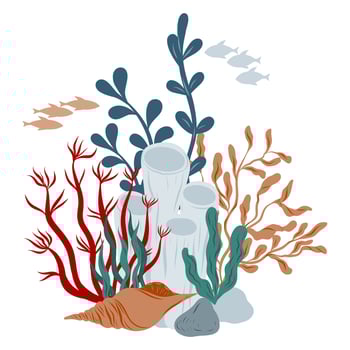 Hand drawn coral Reefs with seashell and seabed. Underwater composition with seaweed and coral, illustration vector