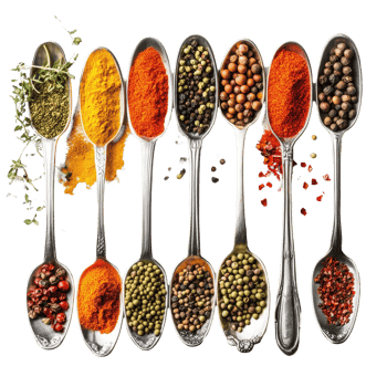 Colorful assortment of spices arranged in spoons on a white table for culinary inspiration, Various colorful spices in spoons on white table png
