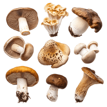 Variety of mushrooms including porcini and shiitake on a clean Transparent background, Various Mushrooms on background Porcini, Shiitake, Fly Agaric, Morel background png