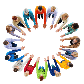 People connecting in a circle with hands together during a collaborative activity, Top View People in Circle with Their Hands Together, Transparent background png