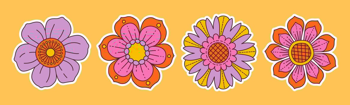Contemporary fun groovy floral set. Hand drawn trendy flat style isolated simple naive flowers. Groovy flower Sticker pack in retro trippy style. Hippie 60s, 70s doodle style vector