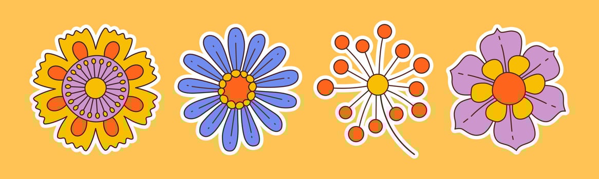 Contemporary fun groovy floral sticker set. Hand drawn trendy flat style isolated simple naive flowers. Groovy flower Sticker pack in retro trippy style. Hippie 70s doodle style set vector