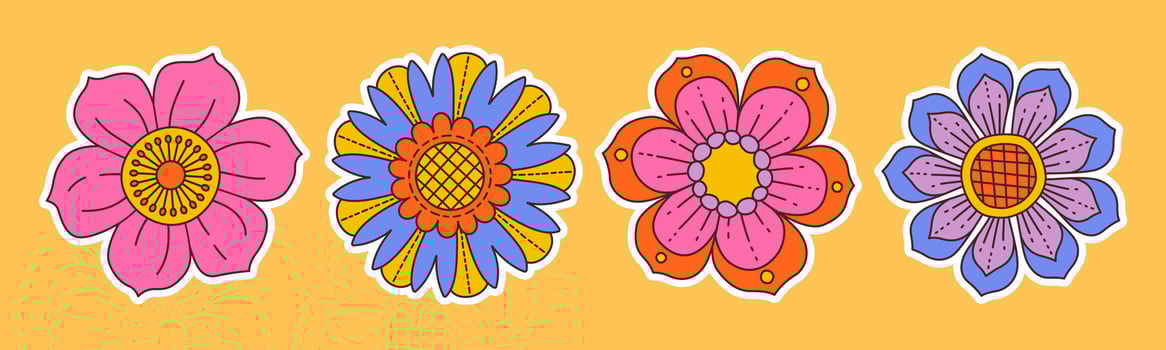 Fun groovy floral sticker set. Hand drawn trendy flat style isolated simple naive flowers. Groovy flower Sticker pack in retro trippy style. Hippie 70s doodle style set vector