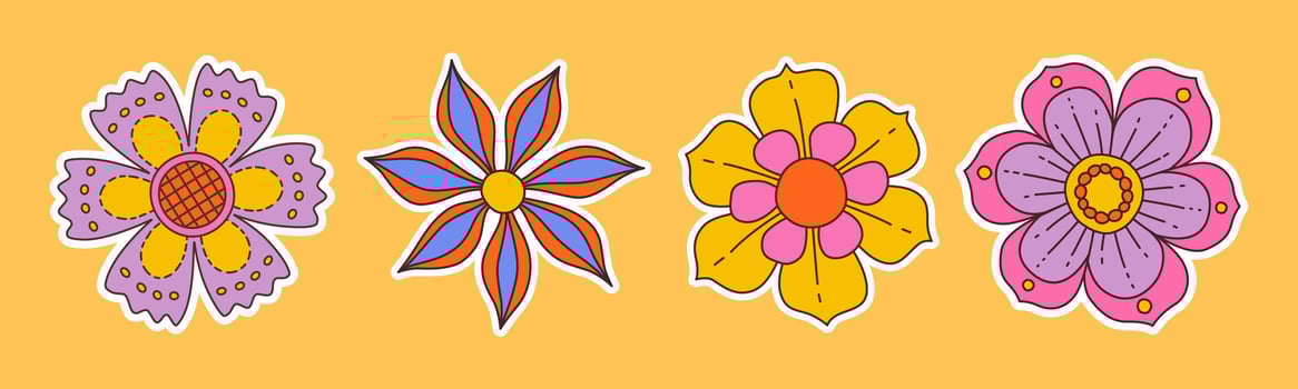 Fun groovy floral sticker set. Hand drawn flat style isolated simple naive flowers. Groovy flower Sticker pack in retro trippy style. Hippie 70s doodle style illustration set vector