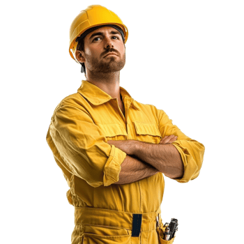 Male construction worker in yellow helmet poses confidently against a Transparent background, Male worker in yellow helmet isolated on background png