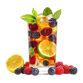 Refreshing summer drinks featuring ice, fresh berries, lemon, and lime for a vibrant taste experience, Summer drinks with ice, fresh berries, lemon and lime isolated on white, Transparent background png