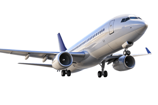 A detailed view of a modern passenger airplane in flight against a black background png
