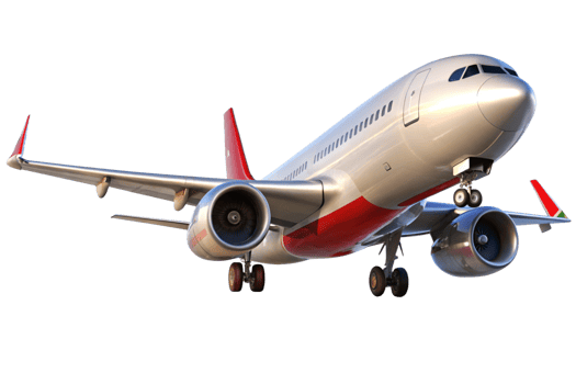 A Stunning View of a Modern Passenger Airplane in Flight, Red and Silver Livery png