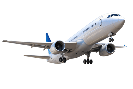 A detailed view of large commercial airplane in flight against a black background png