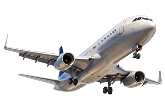 A detailed view of a silver passenger airplane in flight landing gear down png