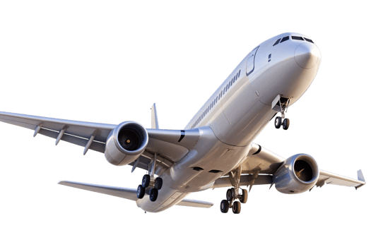 Closeup view of a large commercial airplane in flight gear landing gear extended png