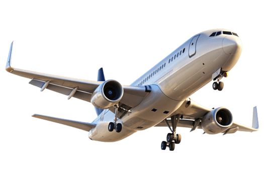 A detailed view of a large commercial airplane in flight against a black background png