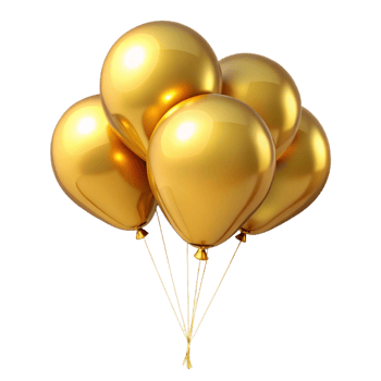 A cluster of shiny golden balloons tied together, floating against a black background png