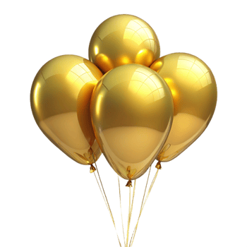 Group of four shiny golden balloons tied together floating on black background png